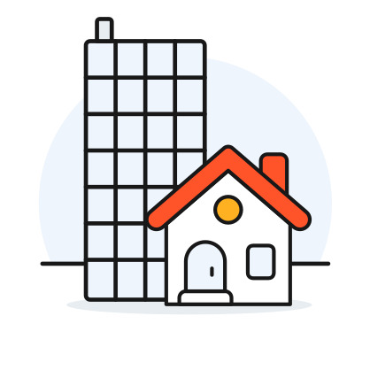 Icon of a tall office building beside a smaller house with an orange roof and chimney.
