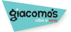 Giacomo's logo with tagline 'cibo e vino' on a teal background shape.