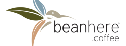 Beanhere Coffee logo with stylized green, blue, and brown coffee bean leaves.