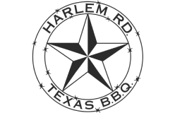 Black circular emblem with a large star in the center and text reading Harlem Rd Texas BBQ.