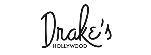 Black-and-white cursive Drake's Hollywood logo.