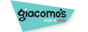 Sign reading 'giacomo's' with subtitle 'cibo e vino' on a blue triangle background.