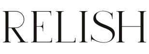 Logo with word RELISH in bold uppercase black letters on white background. 