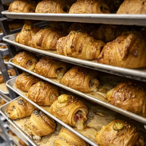 Multiple trays of golden croissants topped with sliced almonds stacked in a bakery rack.