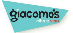 Sign reading 'giacomo's' with subtitle 'cibo e vino' on a blue triangle background.
