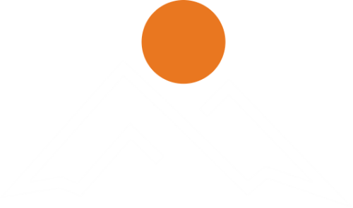 White mountain peaks with an orange sun above against a black background.