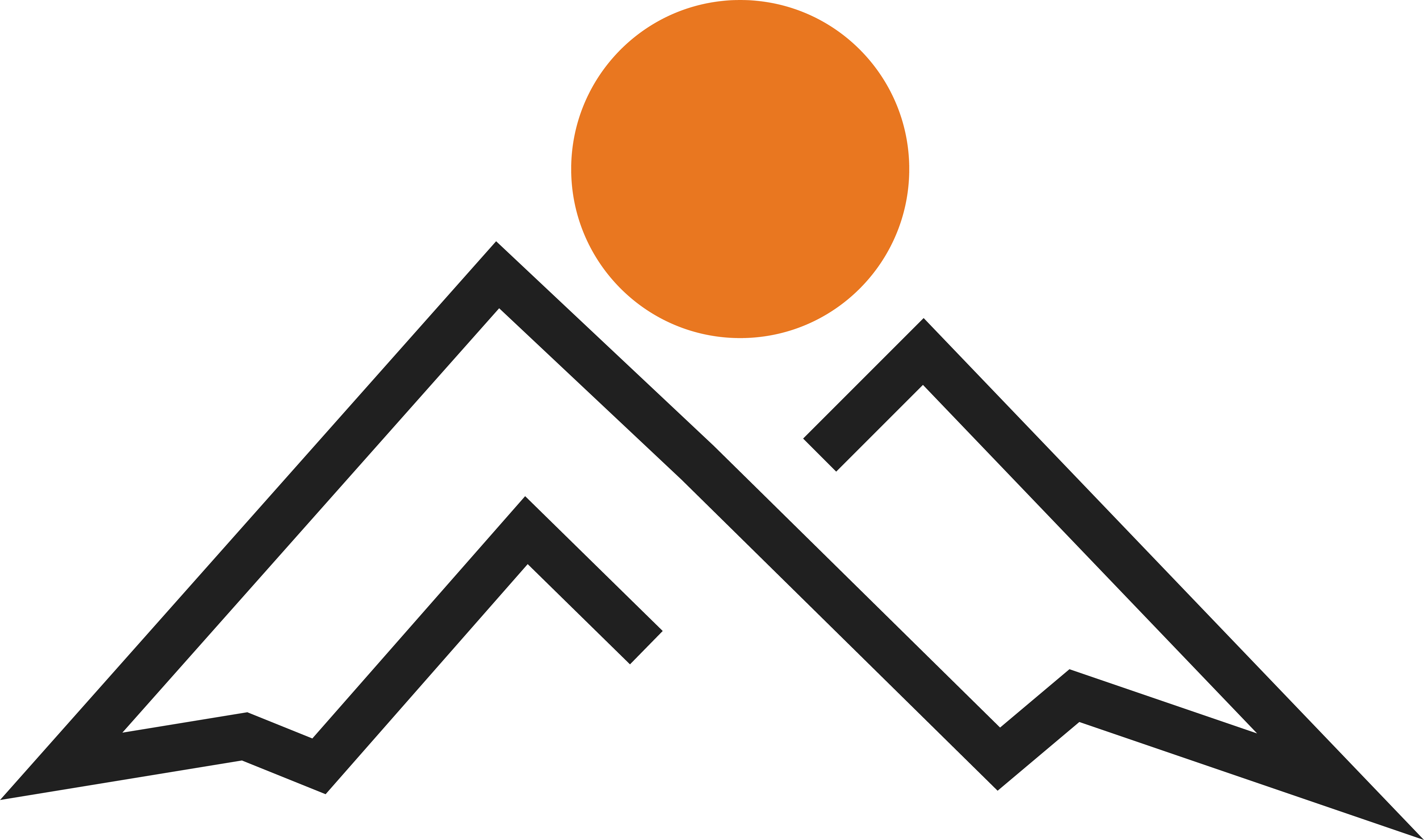 Black stylized mountain peaks with an orange circle above resembling a sun.