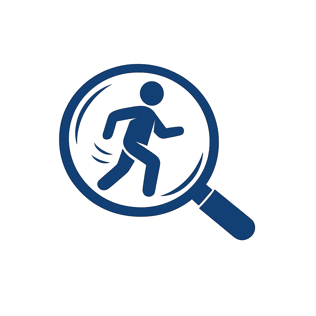 Magnifying glass highlighting a running person icon symbolizing search or movement.