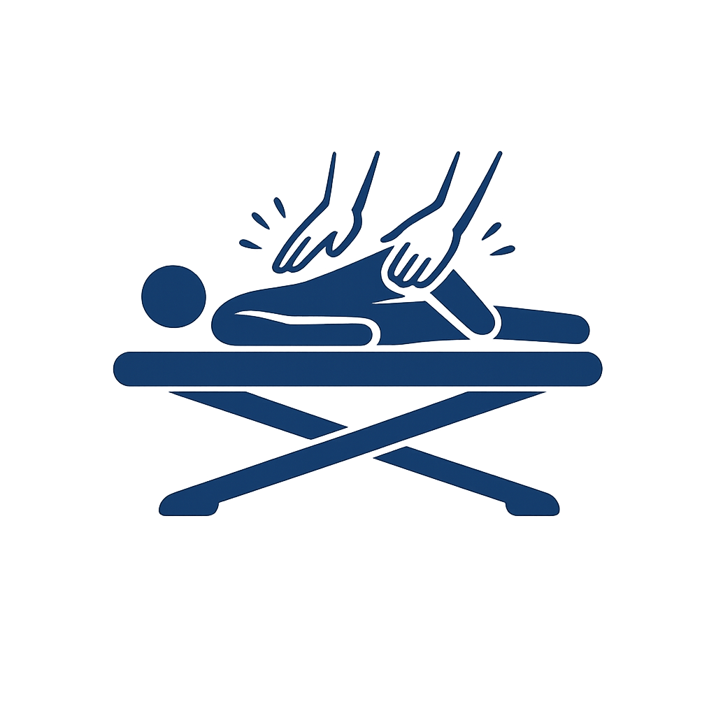 Icon of a person lying on a massage table receiving a leg massage with hands pressing on the leg.