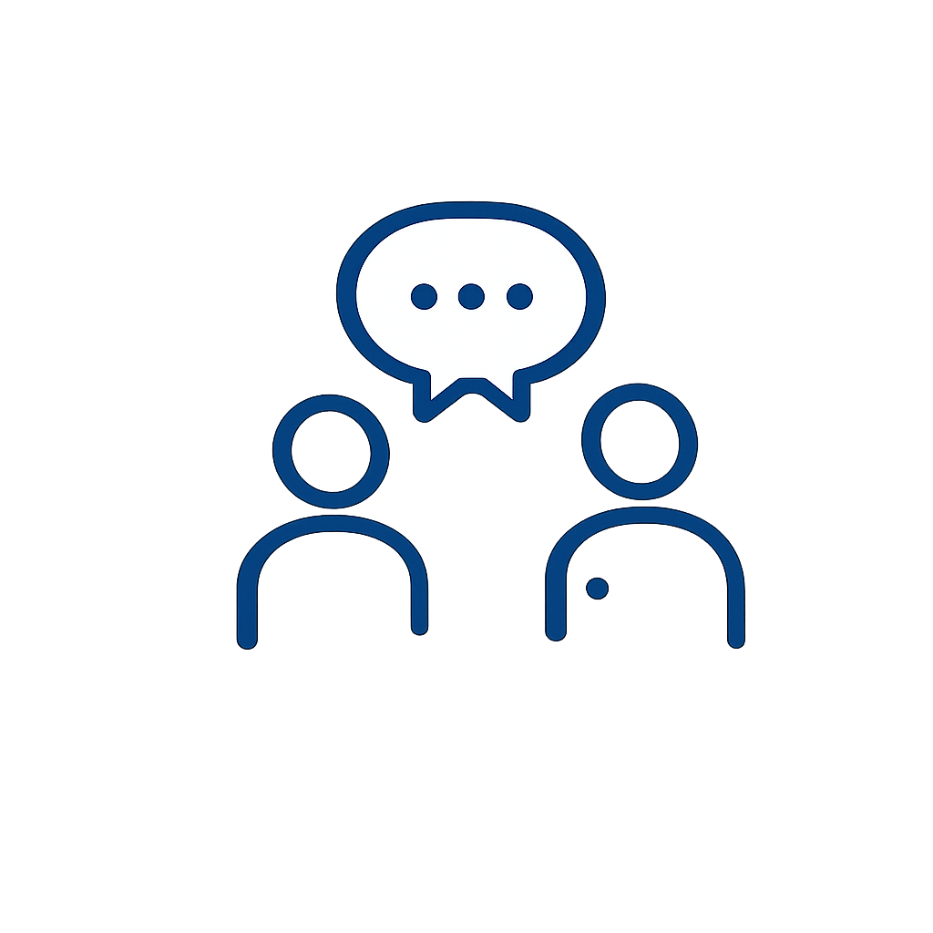 Two person icons with a glowing speech bubble containing three dots above them on dark background.