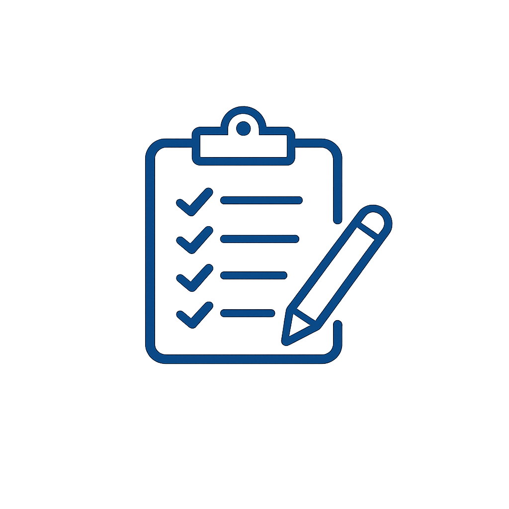 Clipboard with checkmarks on a list and a pencil icon with blue glowing outline.