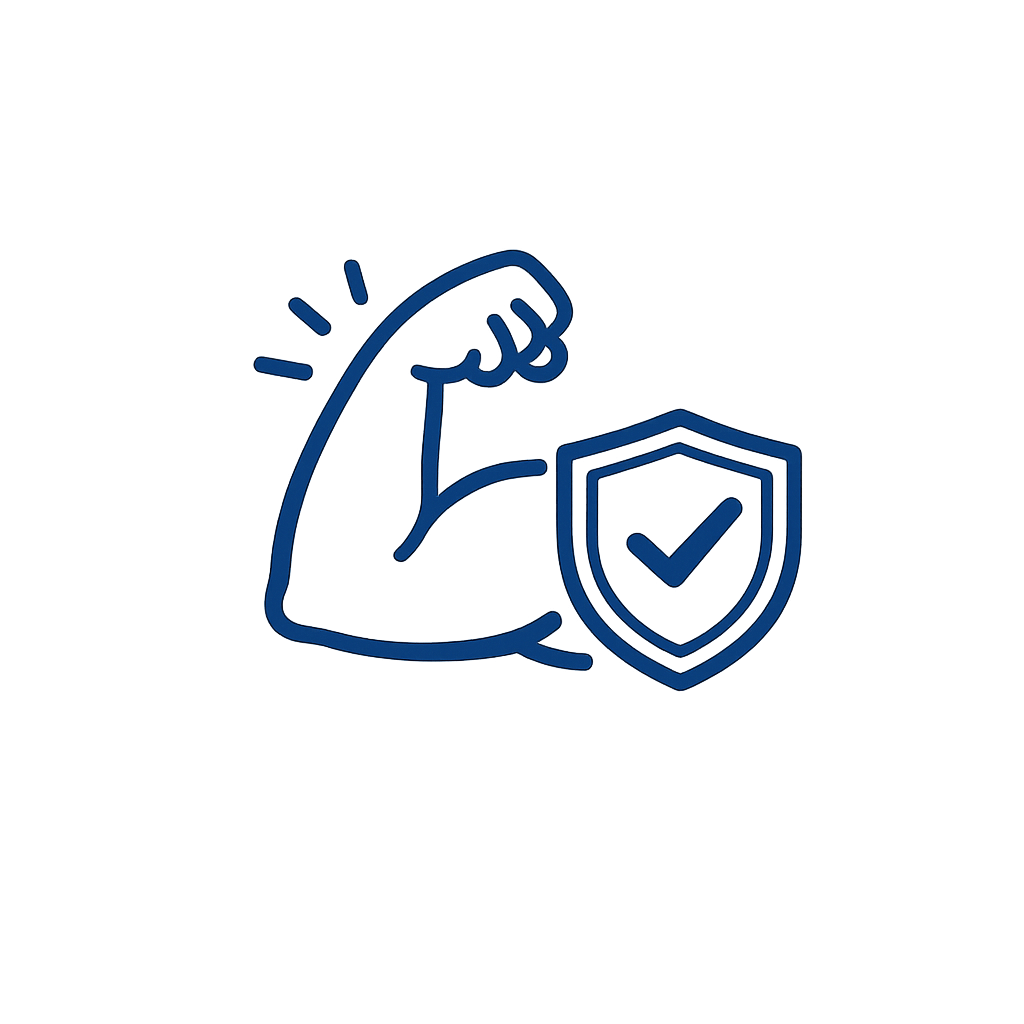 Blue line drawing of flexed arm muscle with shield and checkmark symbolizing strength and protection.