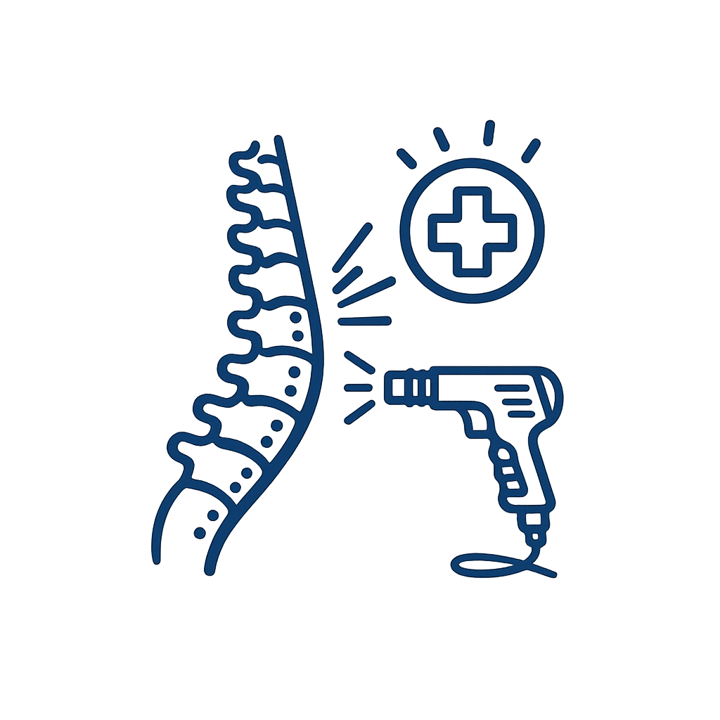 Illustration of a spine, medical cross symbol, and a device emitting waves toward the spine.