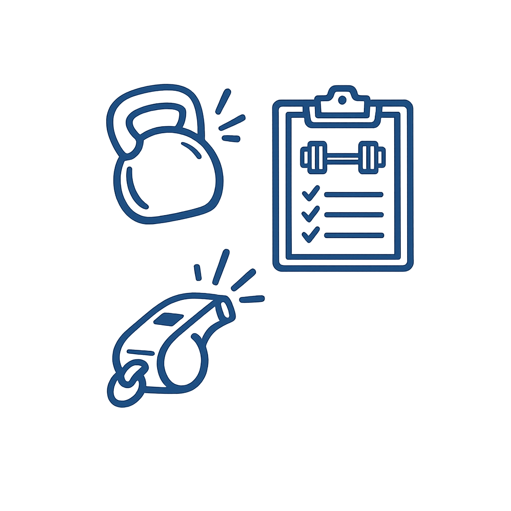 Outline icons of a kettlebell, whistle, and checklist with a dumbbell on a blue glow background.