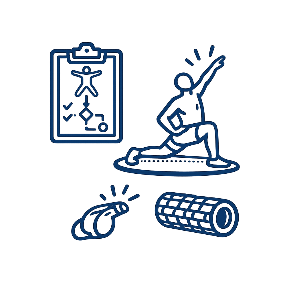 Icons of a fitness plan clipboard, a person stretching, a whistle, and a foam roller on a dark background.