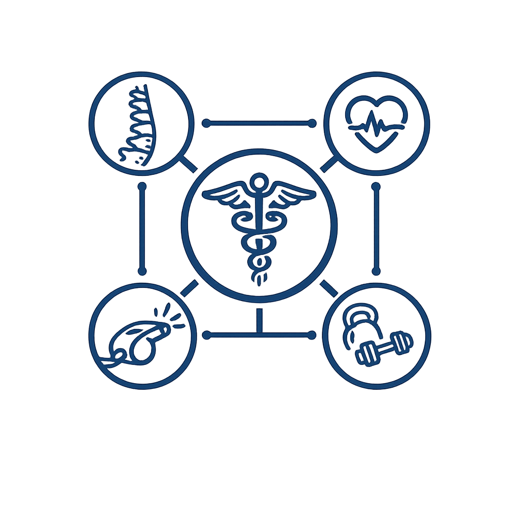 Medical symbol connected to icons of spine, heart with heartbeat, whistle, and kettlebell with dumbbell.