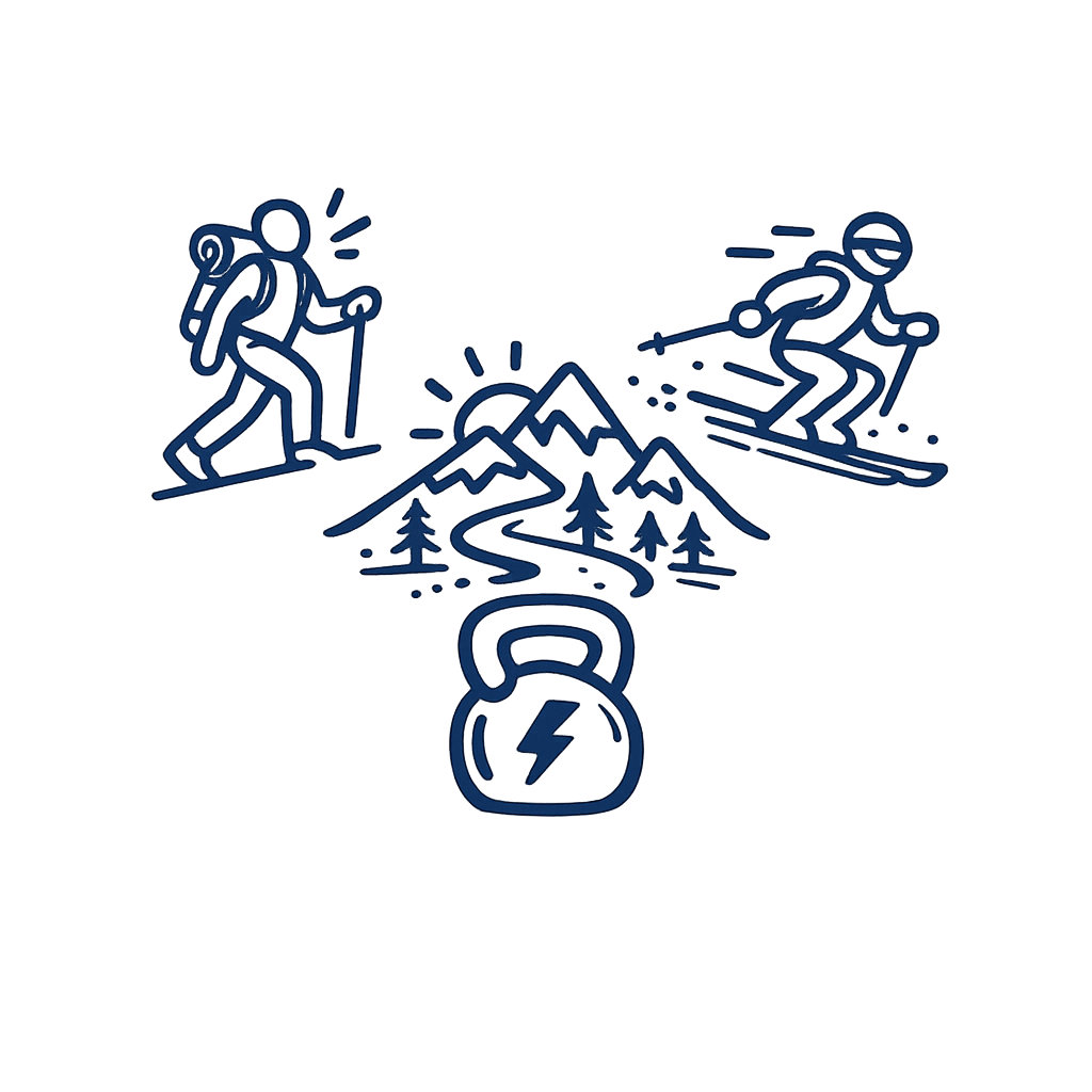 Line icons of a hiker, mountain landscape with trees, skier, and kettlebell with a lightning bolt.