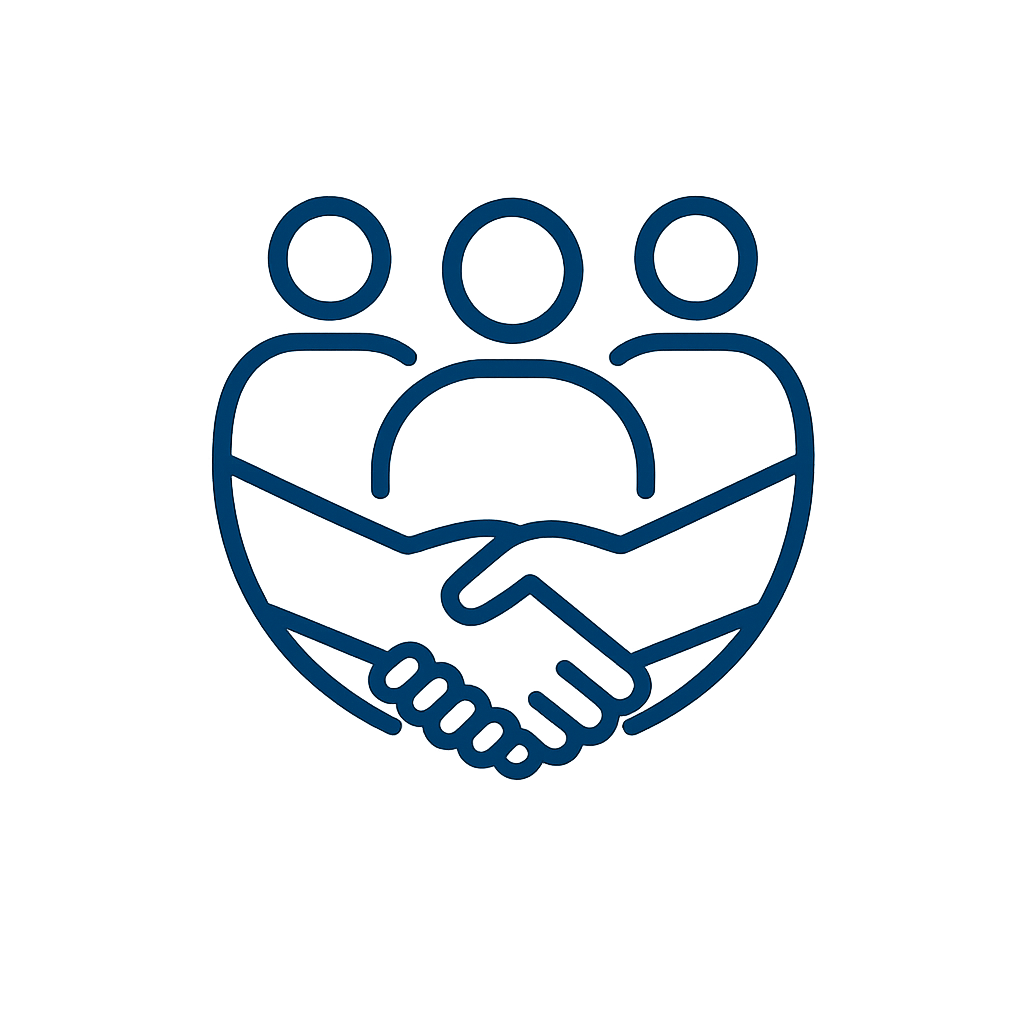 Icon of three people above two hands shaking, glowing blue on a dark background.