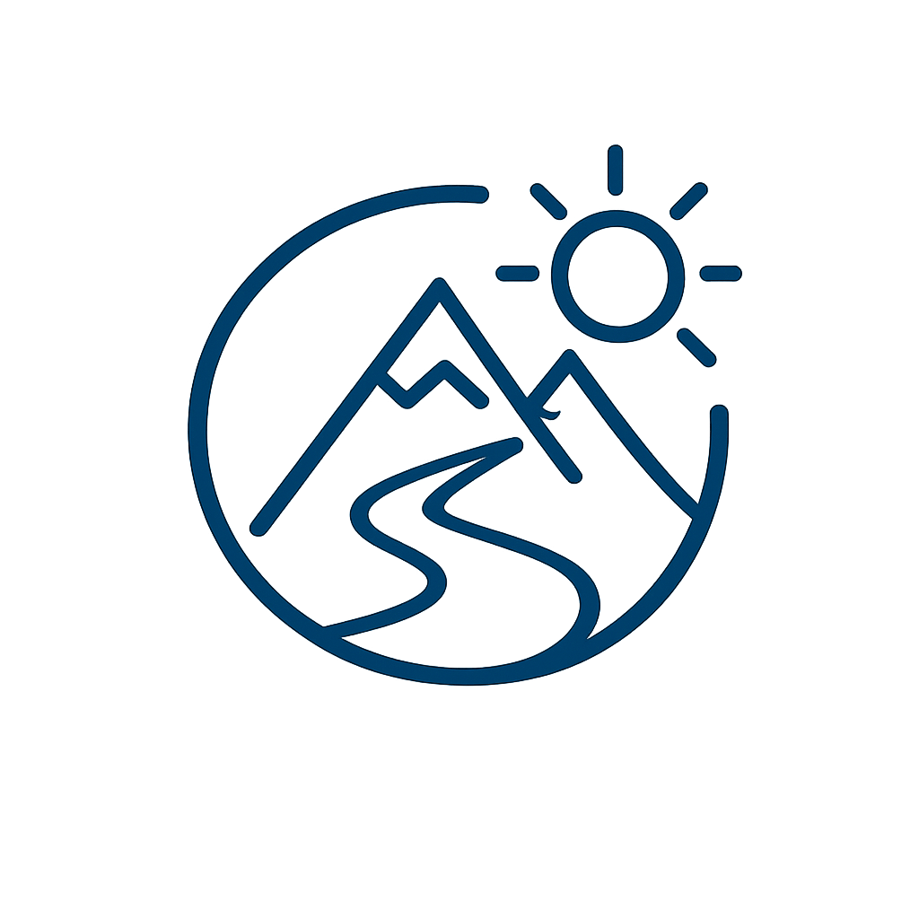 Outline of mountains with a winding river and sun inside a circular frame with blue glow.
