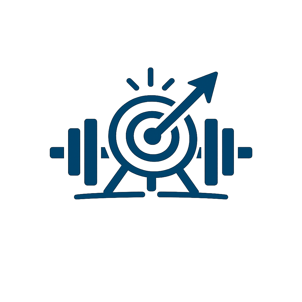 Barbell behind a target with an arrow hitting the bullseye, glowing blue on dark background.