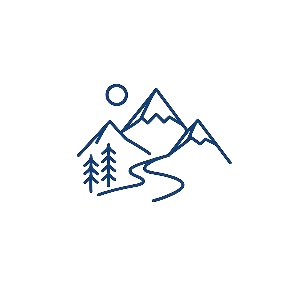 Outline of mountains, two pine trees, a winding river, and a sun on a blue glowing background.