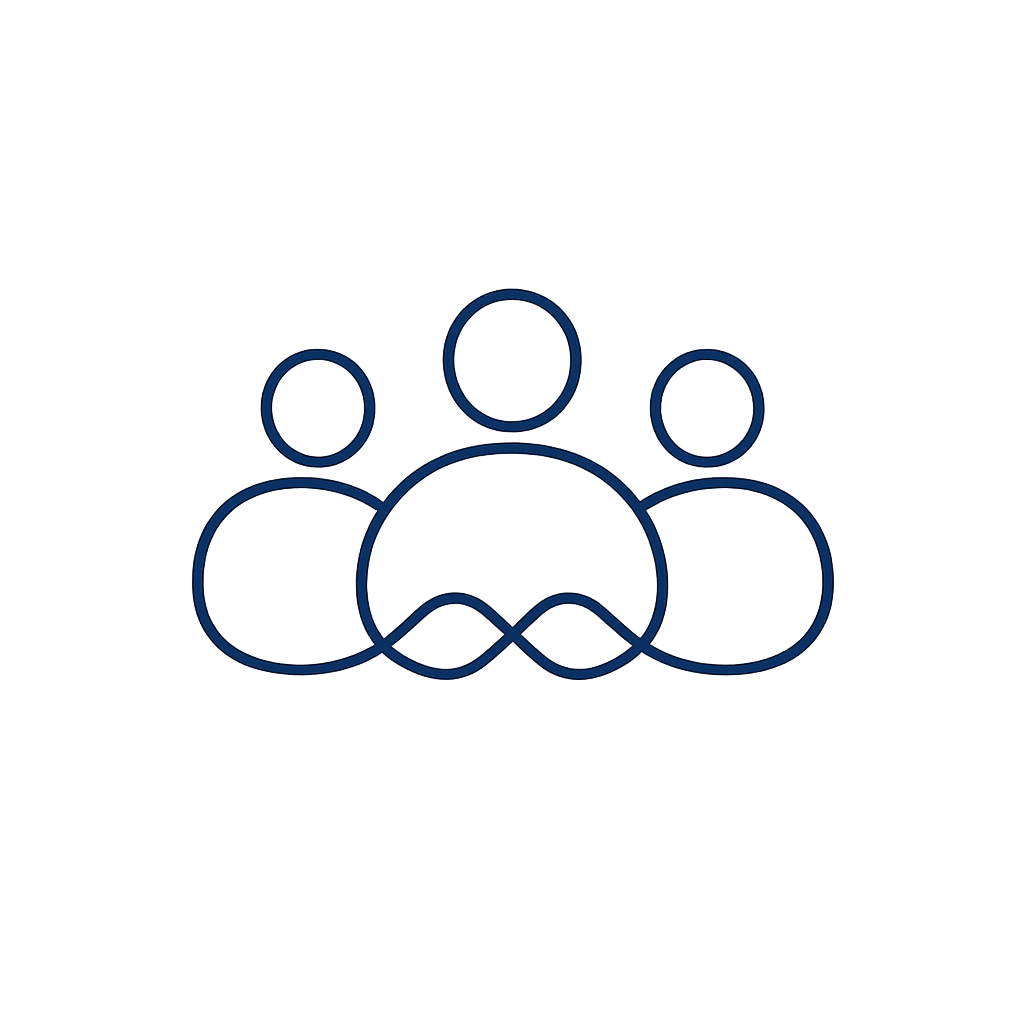 Abstract icon of three people connected, outlined in blue with a glowing effect on dark background.