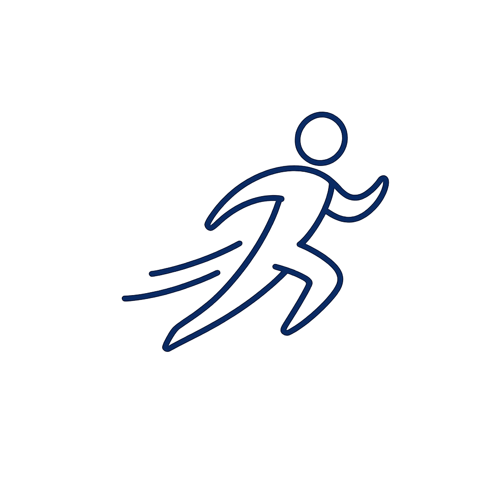 Blue glowing outline of a running person icon on a dark background.