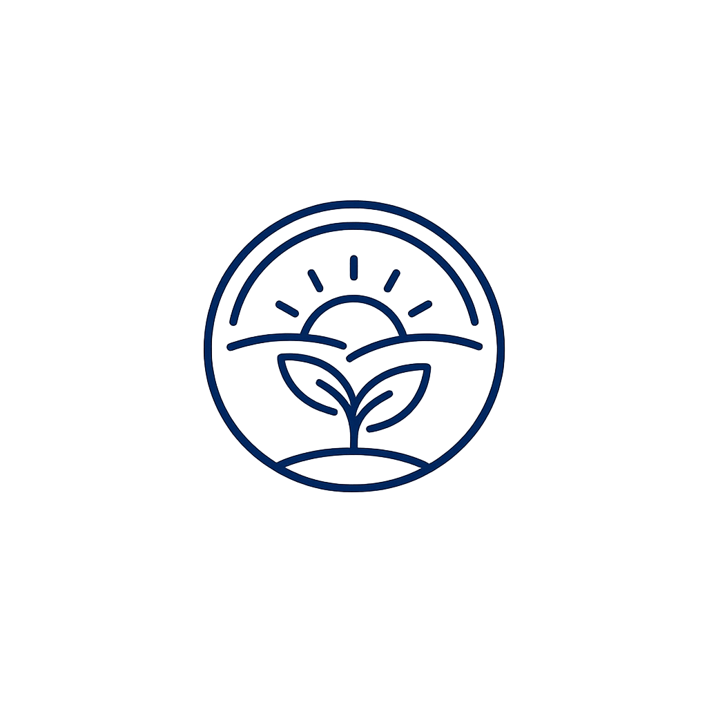 Outline icon of a plant sprout with two leaves beneath a rising sun inside a circle.