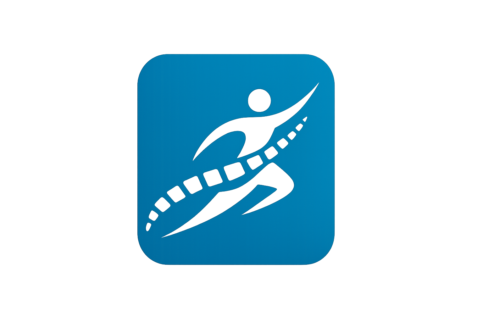 Blue square icon with a stylized person running and a dotted curve overlay.