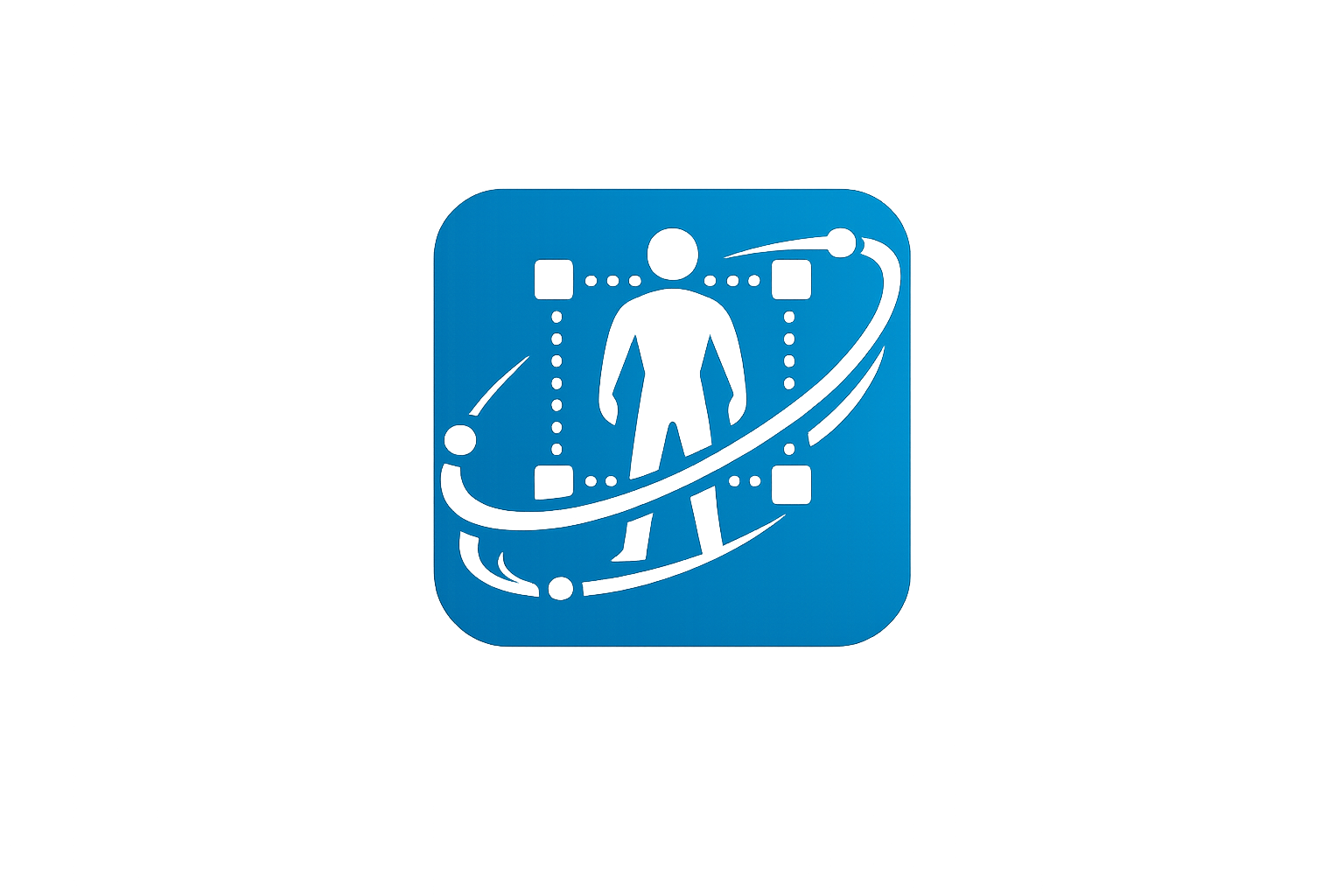 Blue square icon with a human figure surrounded by orbiting dots and lines.