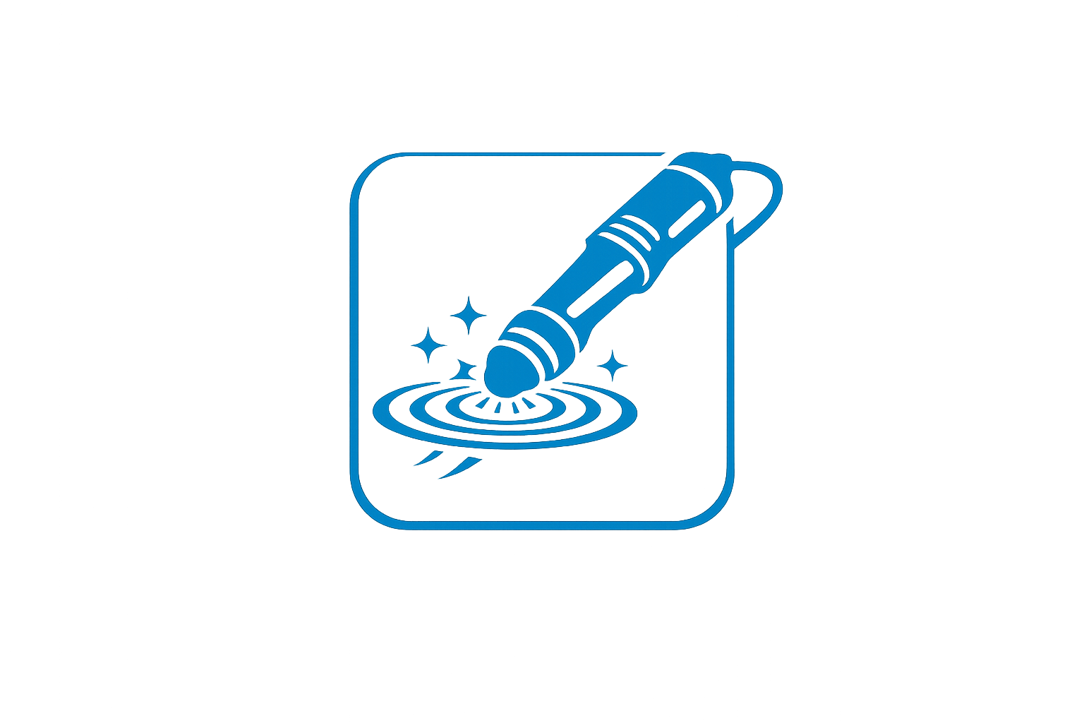 Blue neon icon of a digital pen drawing on a touchscreen with sparkle effects.