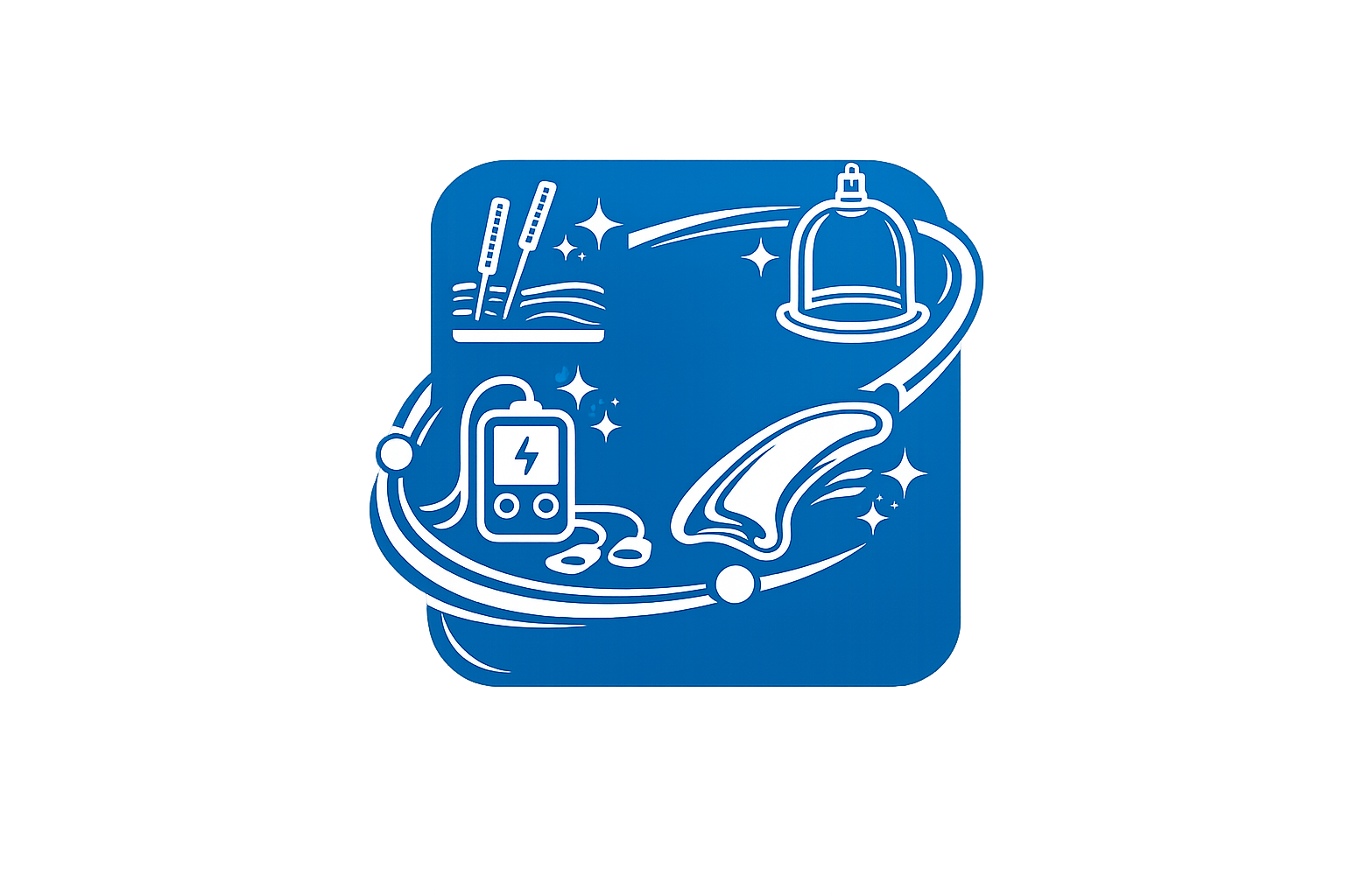 Blue icon with white outlines of acupuncture needles, cupping, electrotherapy, and heat therapy symbols.