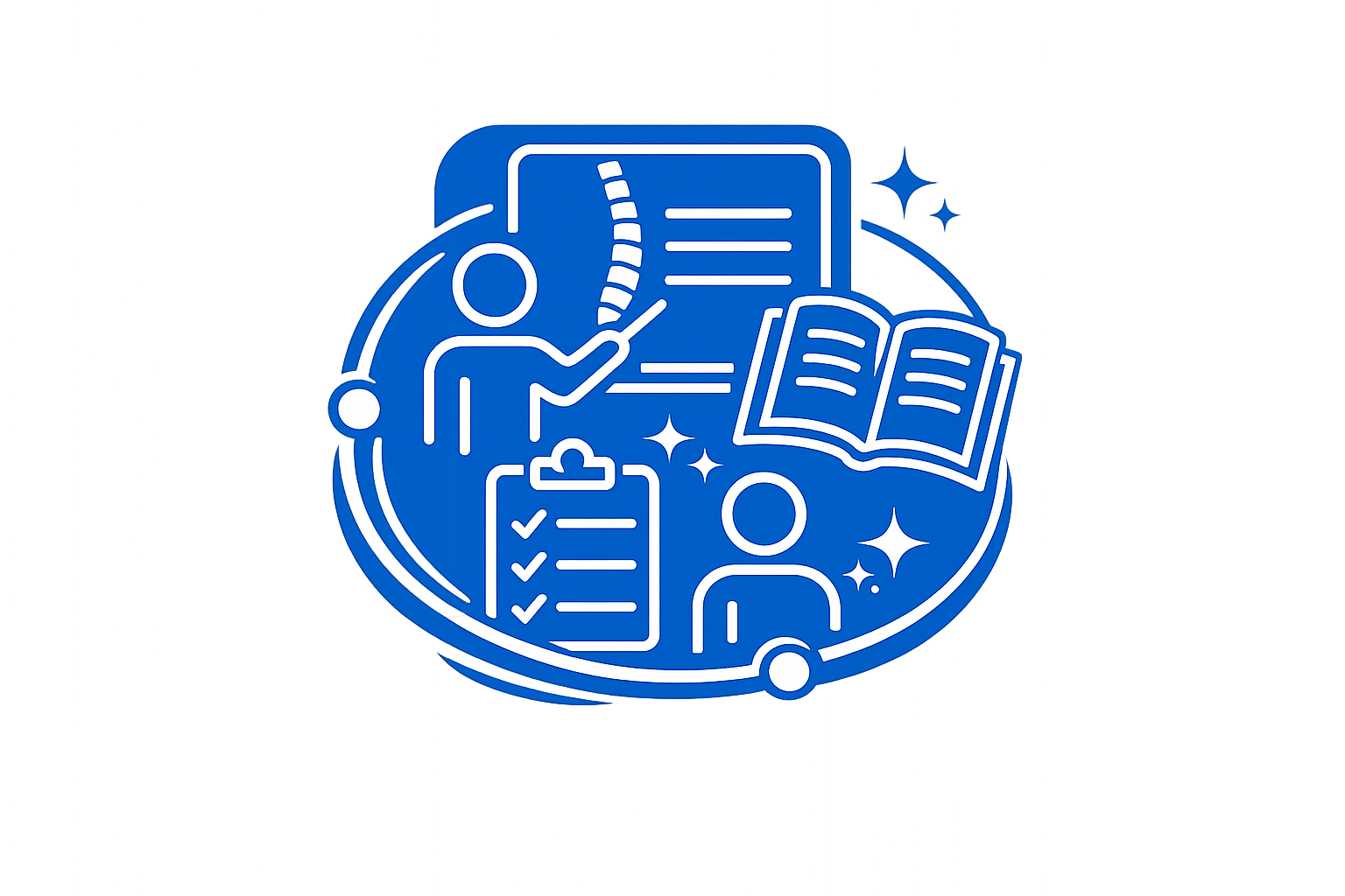 Blue glowing icon with person pointing at spine diagram, checklist, another person, and open book.