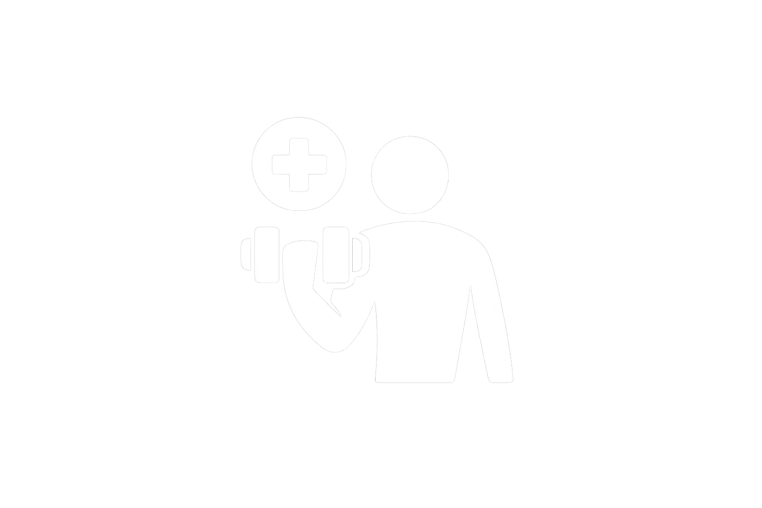 Icon of person lifting dumbbell with medical cross symbol above, symbolizing health and fitness.