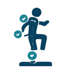 Blue figure balancing on one knee with four circular points indicating body movement assessment.