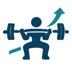 Outline of person squatting with a barbell and an arrow curving upward behind them.