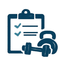 Clipboard with checkmarks, dumbbell, and kettlebell representing fitness or exercise planning.