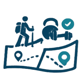 Illustration of a person hiking on a map with location markers, a clock, and a checkmark.