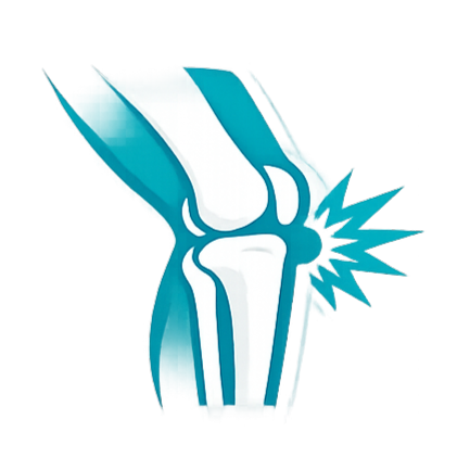 Illustration of a human knee joint with a burst effect indicating pain or injury.