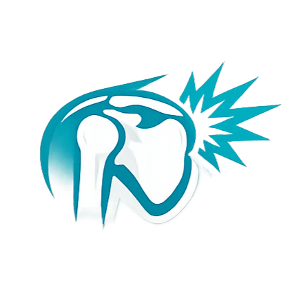Illustration of a shoulder joint with blue pain lines indicating shoulder pain or injury.