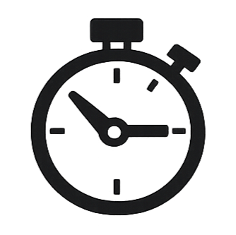 Black stopwatch icon with hands indicating elapsed time.