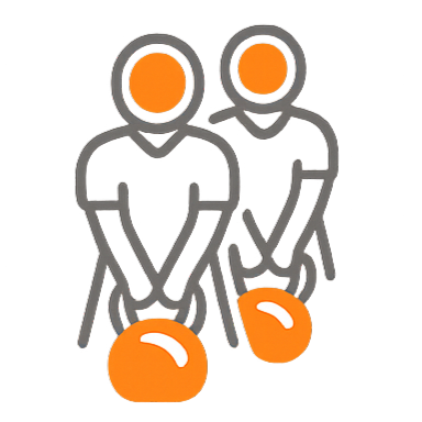 Icon of two people standing in a line holding orange kettlebells in front of them.