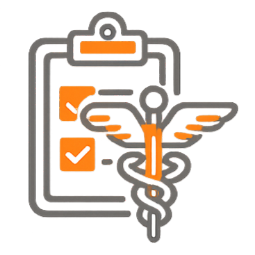 Clipboard with check marks behind a caduceus medical symbol in orange and gray.