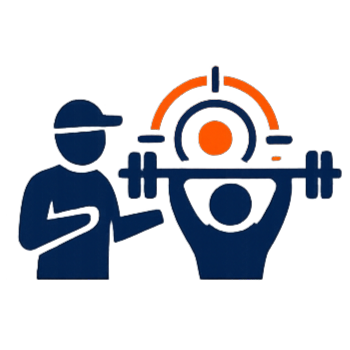 Icon of a trainer coaching a person lifting a barbell with a target symbol above.