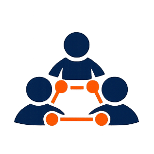 Icon of three navy figures connected by orange lines and dots indicating teamwork or collaboration.