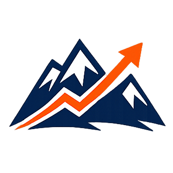 Dark blue mountains with white peaks and an orange upward arrow depicting growth or progress.