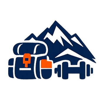 Graphic of a hiking backpack, mountain peaks, and a dumbbell representing outdoor and fitness goals.