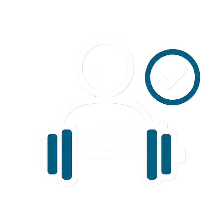Icon of a person holding a barbell with a checkmark in a circle beside them.