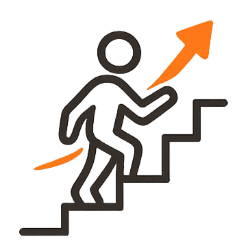 Stick figure climbing stairs with an orange arrow curving upward behind and above it.