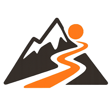 Stylized mountains with an orange winding path and an orange sun or moon above the right peak.